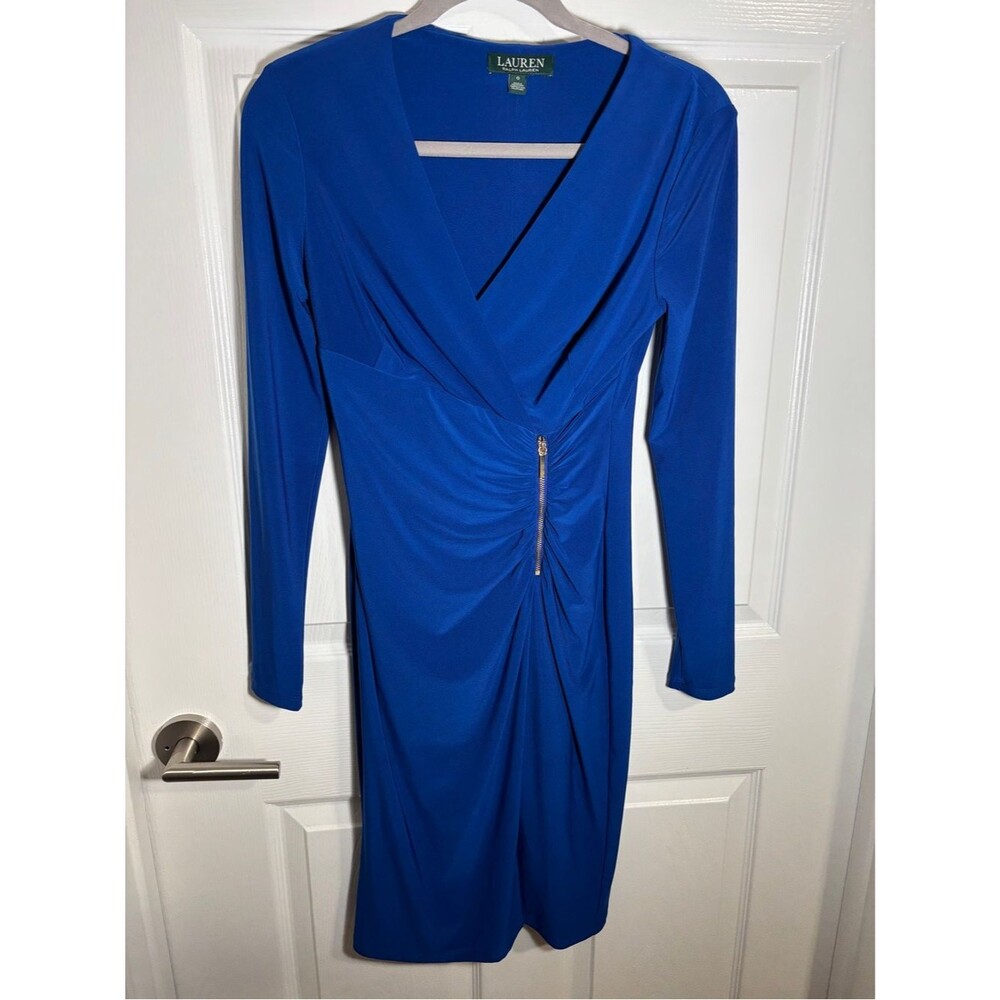 Lauren Ralph Lauren Size 0 Cobalt Blue Ruched Sheath Cocktail Dress Gold Zip